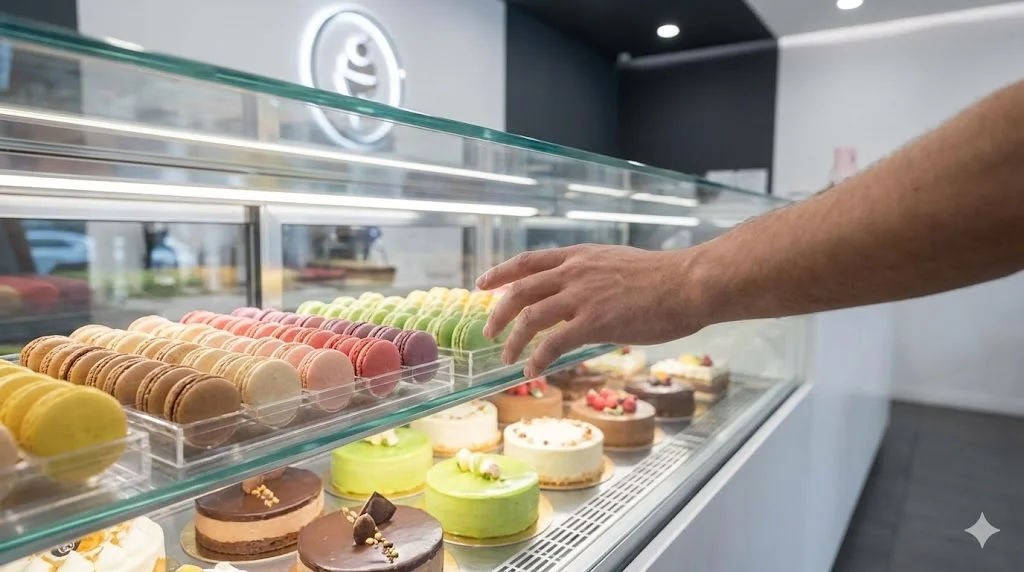 매장 입구에서 고객의 시점으로 바라본, 밝고 선명한 시인성개선 쇼케이스 속 화려한 디저트들이 시선을 사로잡는 순간의 실제 사진