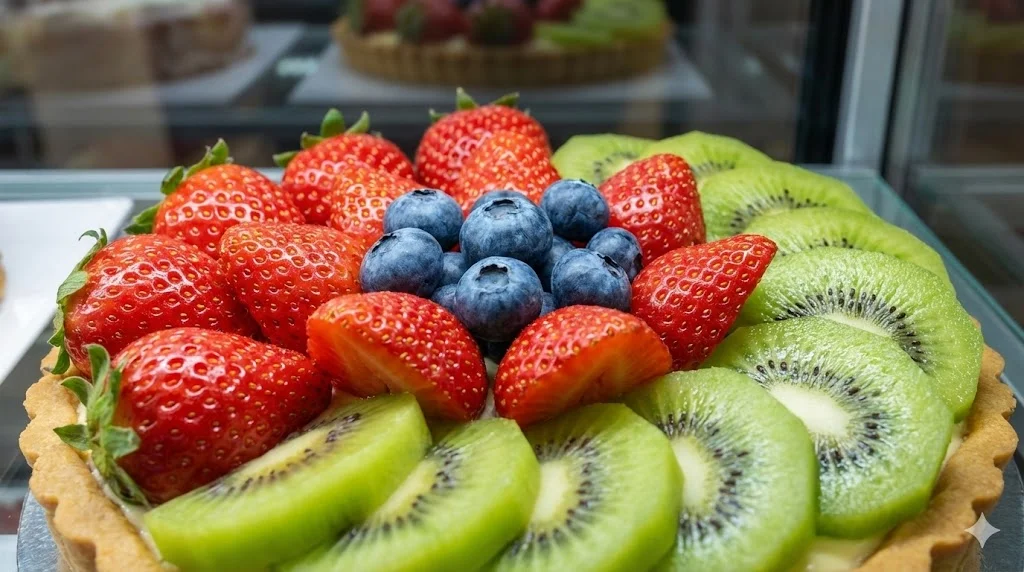 시인성개선을 위한 고연색성 LED 조명 아래에서 딸기와 키위의 붉고 푸른 색감이 생생하게 살아나는 쇼케이스 내부 클로즈업 사진