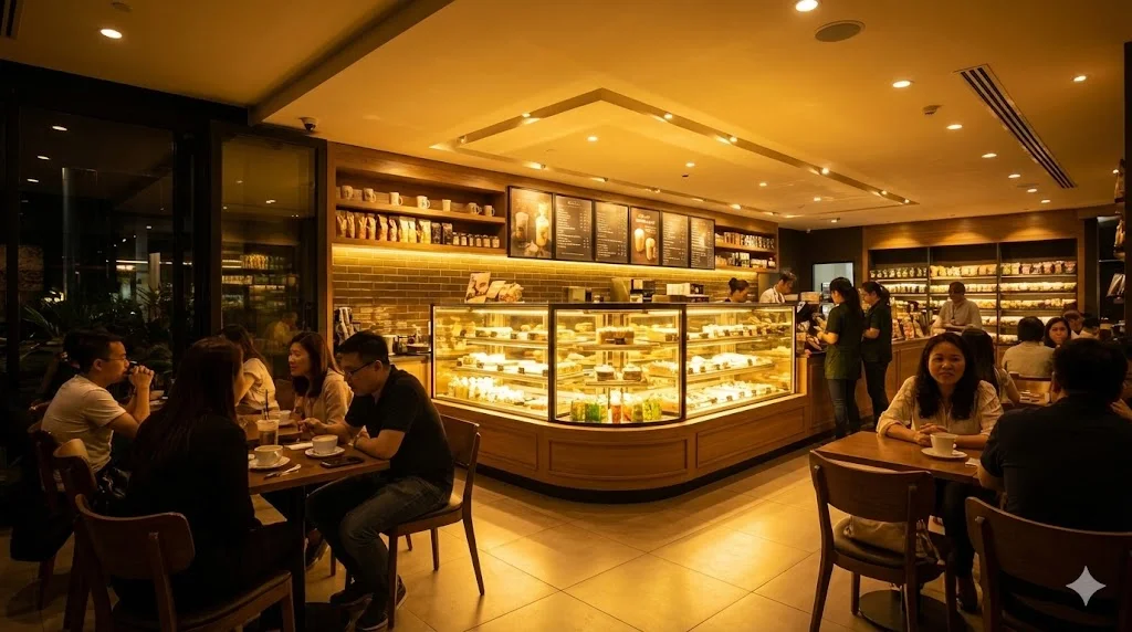시인성개선으로 성공한 매장의 활기찬 야경을 따뜻한 황금빛 조명으로 담아내어 번창하는 미래를 상징하는 실제 카페 전경