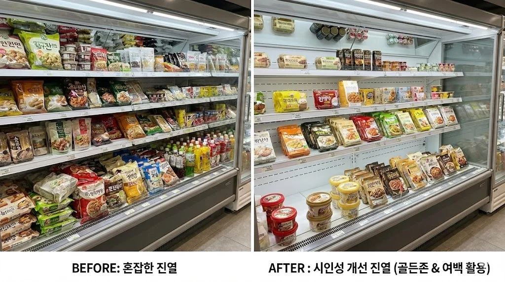 제품이 무질서하게 쌓인 쇼케이스와 골든존 및 여백을 활용하여 깔끔하게 정리된 시인성개선 진열 쇼케이스의 비교 실사 사진