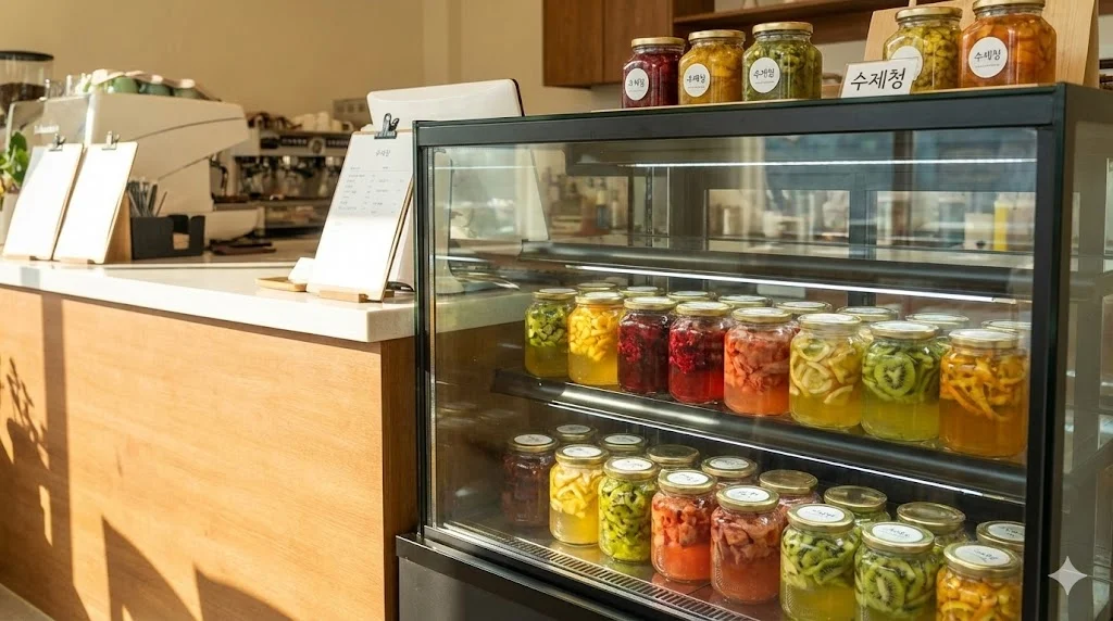 카페 내부에 진열된 다양한 색상의 수제청과 세련된 수제청 냉장고 전경