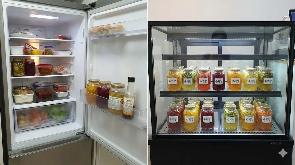 가정용 냉장고와 업소용 수제청 쇼케이스의 수납 및 진열 방식 비교