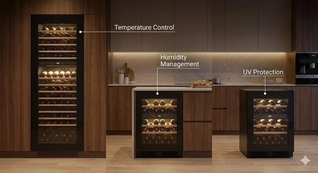 소형 가전부터 대형 빌트인 모델까지 다양한 크기와 디자인을 갖춘 와인 쇼케이스 제품군 비교 레이아웃