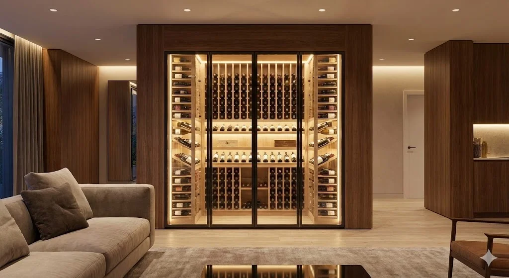 디지털 온도 조절 패널과 고급 목재 선반이 돋보이는 프리미엄 와인셀러 내부의 정밀한 보관 시스템 근접 촬영