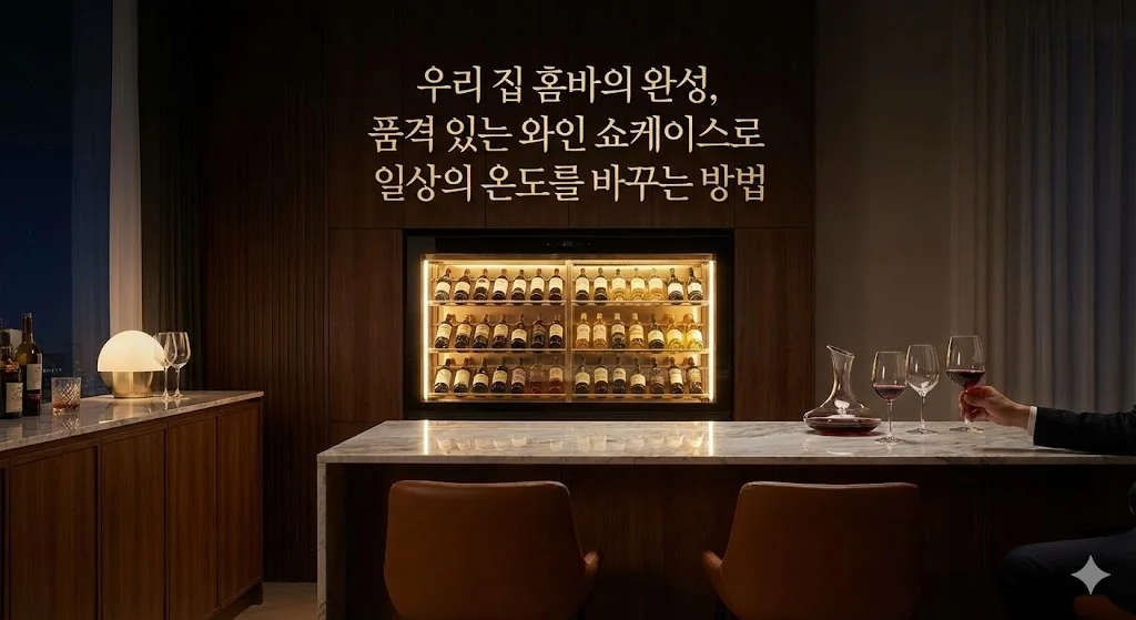 현대적인 거실 인테리어에 고급스럽게 빌트인된 대형 와인셀러 쇼케이스와 레드 와인 잔을 들고 있는 모습