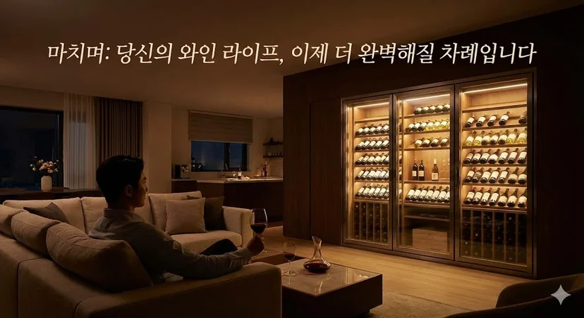 평온한 저녁 시간의 여유를 상징하는 품격 있는 와인 라이프와 거실의 포인트가 되는 와인셀러 스타일링
