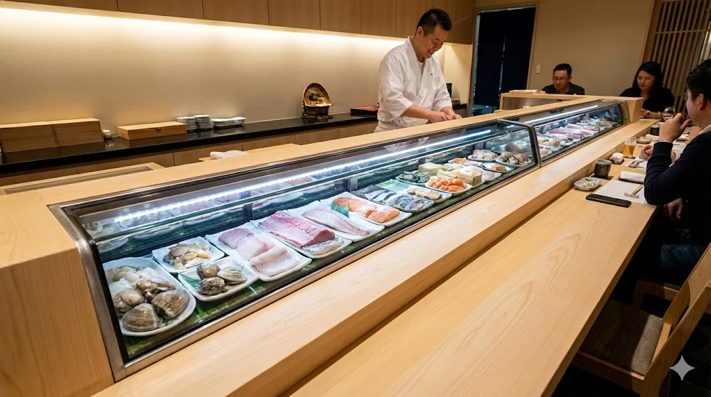 세련된 일식당 다찌 위에 설치된 16:9 가로형 초밥스시 전용 대면 쇼케이스와 셰프의 모습