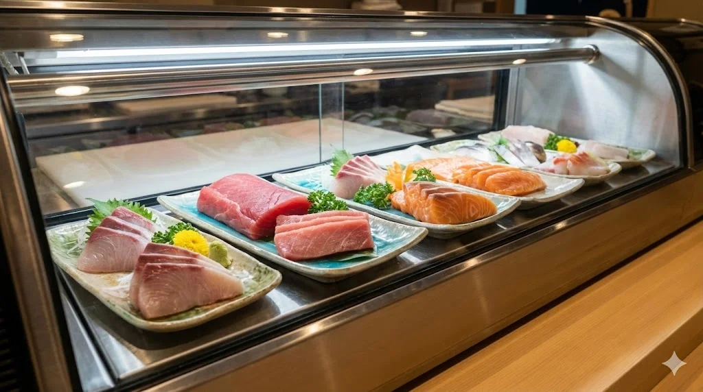 일반 냉장고와 달리 네타의 수분을 촉촉하게 유지해 주는 초밥스시 전용 쇼케이스 내부 근접 촬영