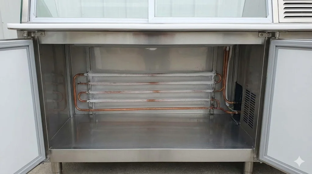 성에 발생을 보여주는 직접 냉각 방식의 냉각 파이프와 구조를 보여주는 쇼케이스 후면