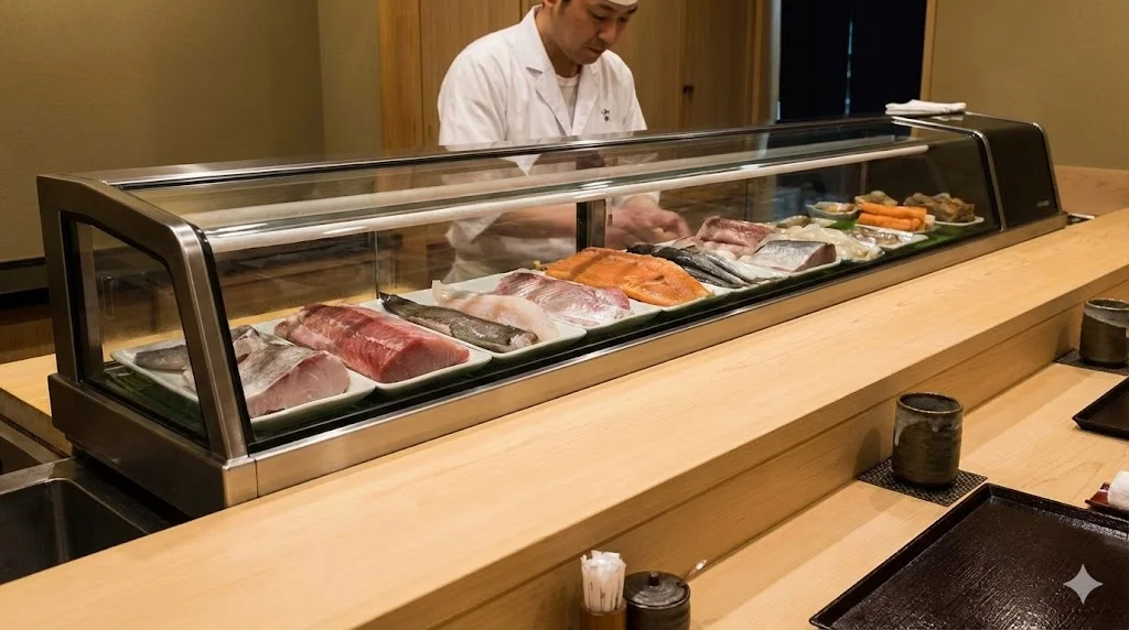 고객 시선에서 바라본 다찌 위 쇼케이스, 재료가 가장 잘 보이는 최적의 높이와 사이즈