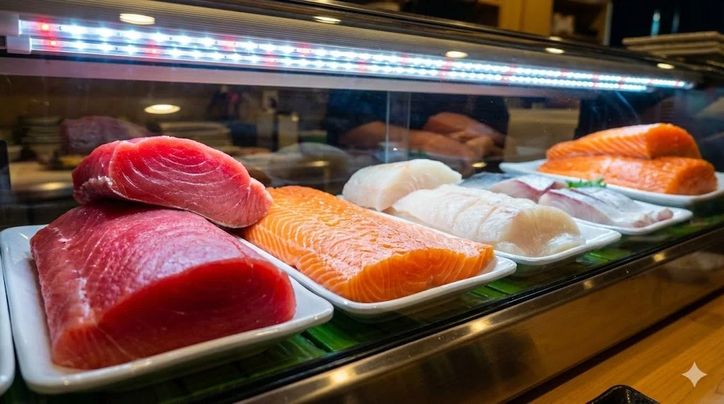 고연색성 LED 조명 아래에서 참치와 연어 등 초밥스시 재료의 선명한 색감이 돋보이는 쇼케이스 내부