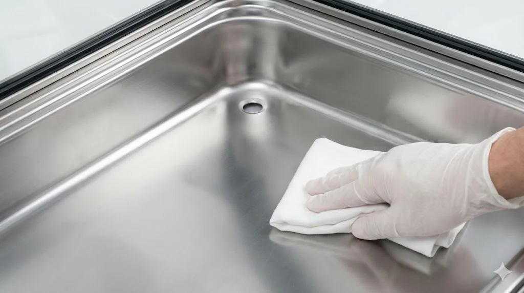 부식에 강한 스테인리스 바닥과 물청소가 용이한 배수 구조를 보여주는 청결한 쇼케이스 내부