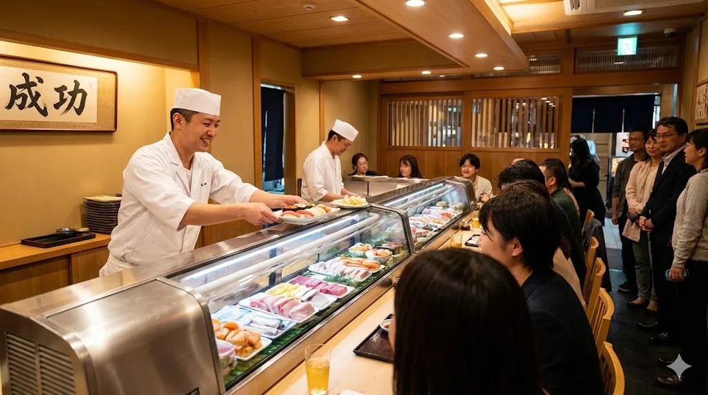 성공적인 일식 비즈니스를 운영 중인 활기찬 스시 매장 카운터에서 셰프가 대면 쇼케이스 너머로 손님에게 초밥을 서빙하는 모습