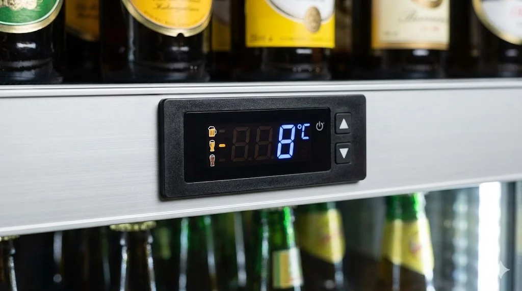 수입맥주 전용 냉장고의 정밀한 디지털 온도 제어 디스플레이