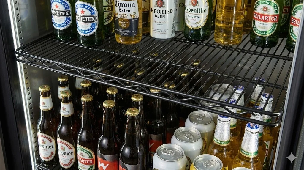 무거운 수입맥주 병과 캔을 안정적으로 지탱하는 강화된 코팅 선반