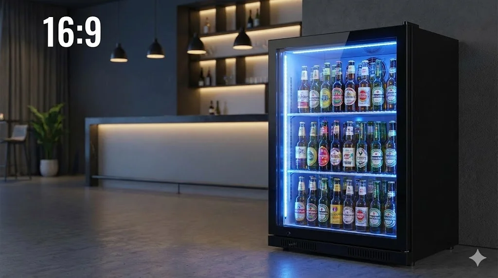 세련된 블랙 프레임과 블루 LED 조명으로 분위기를 더한 수입맥주 쇼케이스