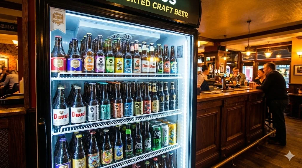 다양한 수입맥주가 가득 진열된 세련된 펍 내부의 전용 쇼케이스 냉장고