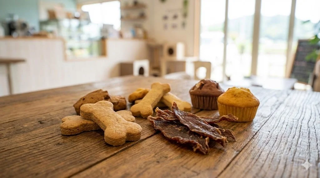 나무 테이블 위에 정갈하게 놓인 뼈다귀 쿠키, 육포 등 다양한 수제 애견 간식 클로즈업