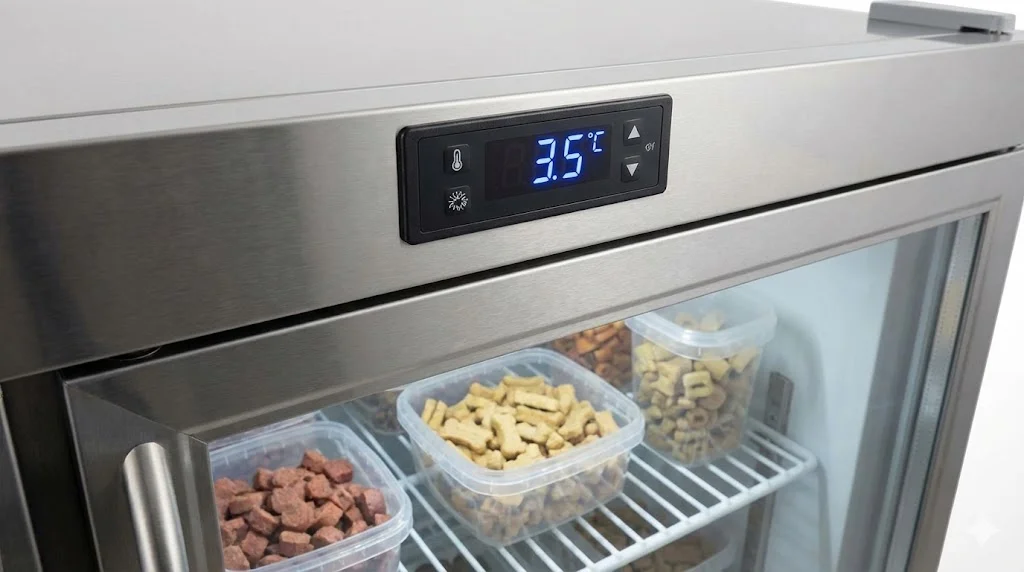 3.5°C로 정밀하게 설정된 펫푸드 냉장고의 디지털 온도 표시창.