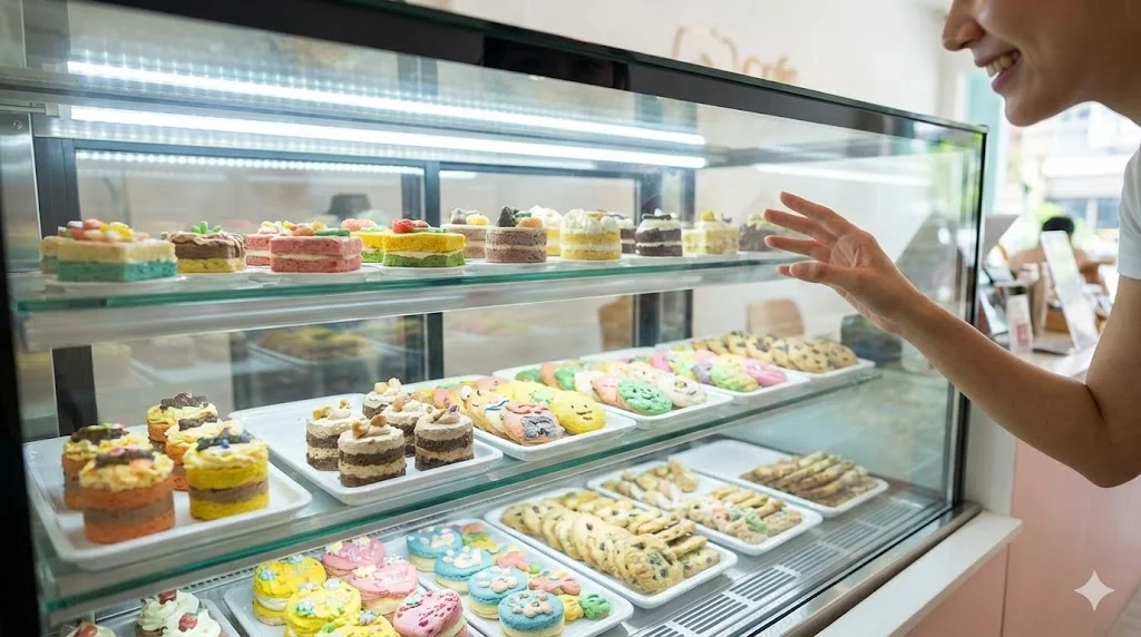 쇼케이스에 진열된 화려한 수제 펫 조각 케이크를 고객이 손으로 가리키고 있다