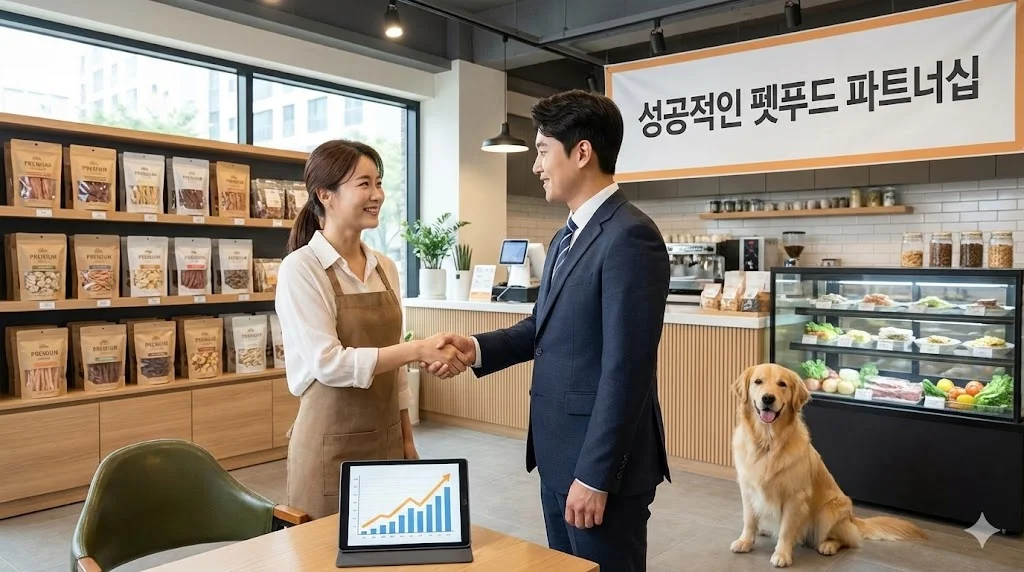 펫푸드 매장에서 '성공적인 펫푸드 파트너십' 현수막 아래 악수하는 점주와 비즈니스 파트너