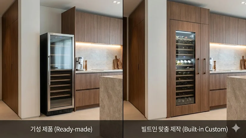 공간 규격에 딱 맞춰 제작되어 일체감이 느껴지는 맞춤형 빌트인 쇼케이스의 디테일.