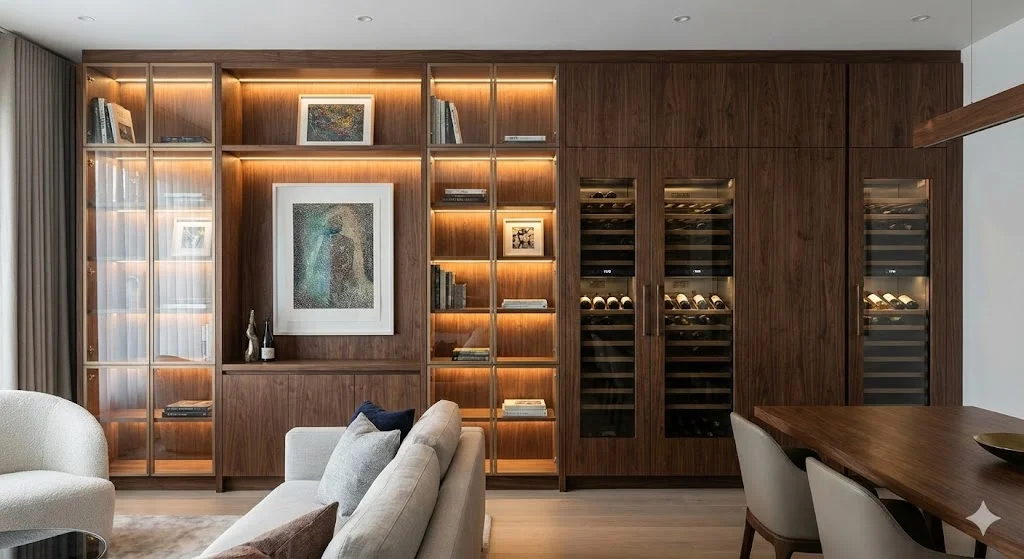 고급스러운 월넛 원목으로 맞춤 제작된 거실 빌트인 쇼케이스. 예술품을 진열한 유리 장식장과 와인셀러가 결합되어 품격 있는 공간을 연출하는 모습.