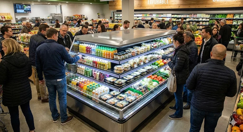 매장 중앙에 위치한 아일랜드형 오픈 쇼케이스 주변으로 수많은 고객이 몰려들어 상품을 고르고 있는 활기찬 마트 전경
