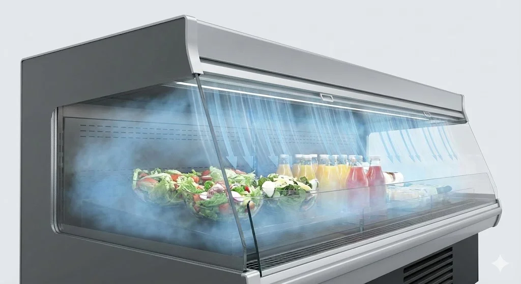오픈 쇼케이스 상단에서 강력한 에어커튼(공기 막)이 형성되어 내부 냉기가 밖으로 빠져나가지 않게 막아주는 기술을 시각적으로 보여주는 이미지