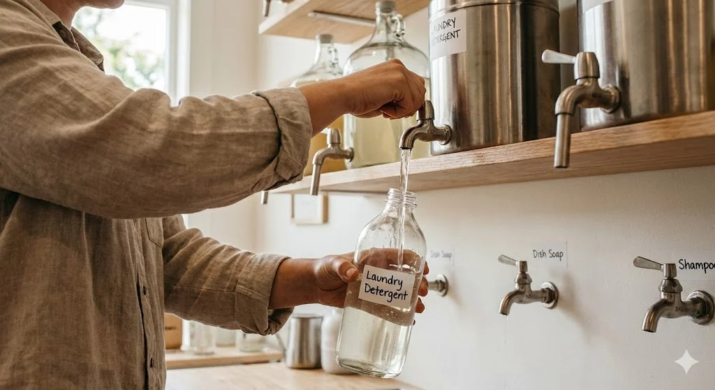 제로웨이스트 리필 스테이션에서 고객이 직접 가져온 재사용 유리병에 액체 세제를 소분하여 담고 있는 손동작 클로즈업.