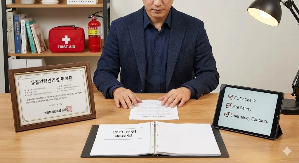 책상 위의 서류와 배경의 안전 장비들을 통해 구체적인 리스크 관리 요소(인허가, 안전, 보안)를 은유적으로 보여줍니다.