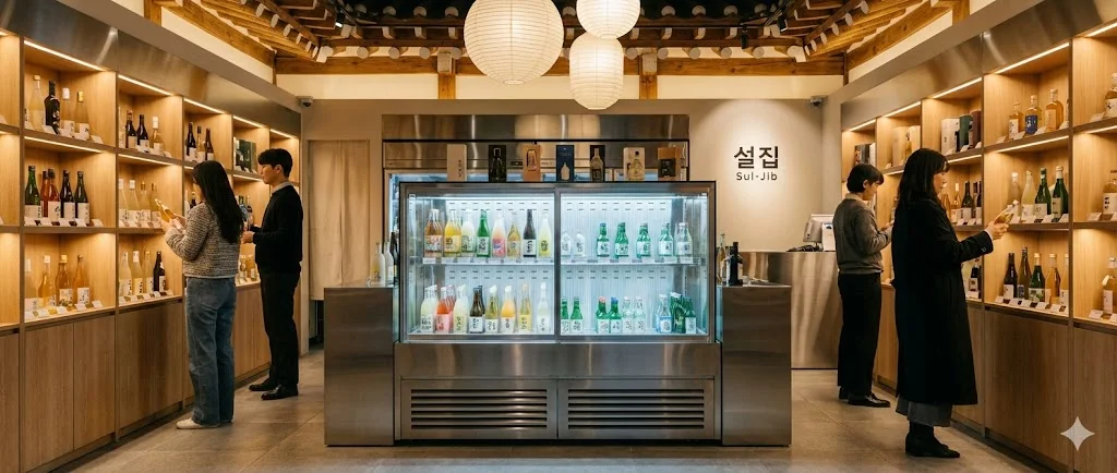 "모던하고 세련된 인테리어의 전통주 보틀샵 매장 전경과 중앙에 배치된 대형 냉장 진열대"
