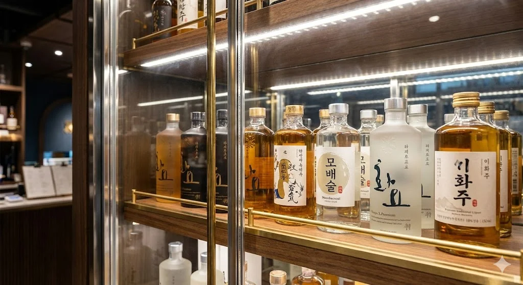 "예술적인 라벨의 프리미엄 전통주들이 정갈하게 진열된 조명 내장형 유리 쇼케이스 내부"