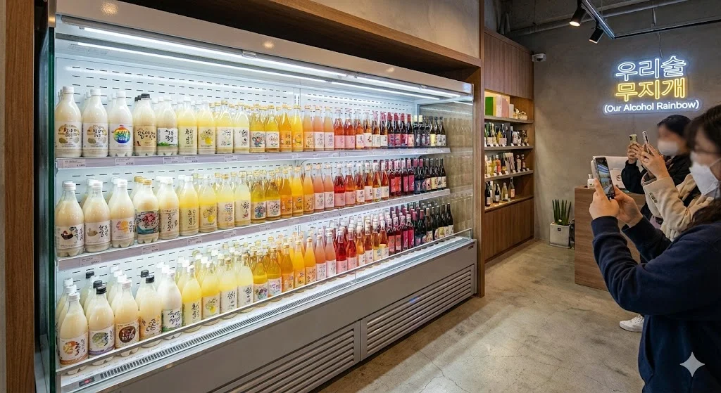 "다양한 색감의 막걸리가 컬러 그라데이션으로 진열된 오픈형 전통주 냉장고"