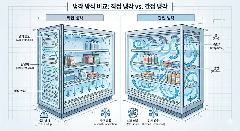 글로만 설명하면 어려운 직냉식과 간냉식의 차이를 직관적인 테크니컬 일러스트로 보여줍니다.