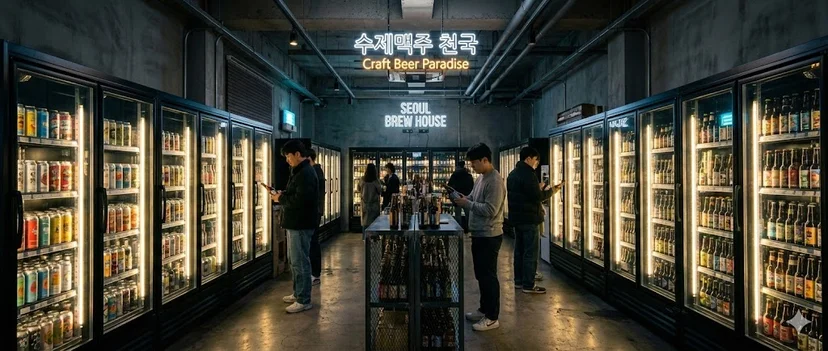 "힙한 인테리어의 수제맥주 보틀샵 내부와 다양한 맥주가 진열된 업소용 맥주냉장고 전경"