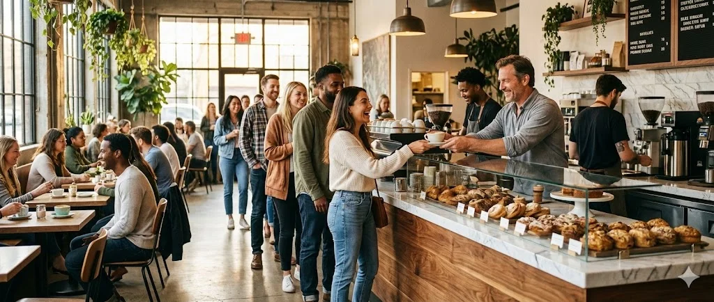 시설자금을 '지렛대' 삼아 성공한 매장의 활기찬 모습을 보여주며 긍정적인 미래를 제시합니다.