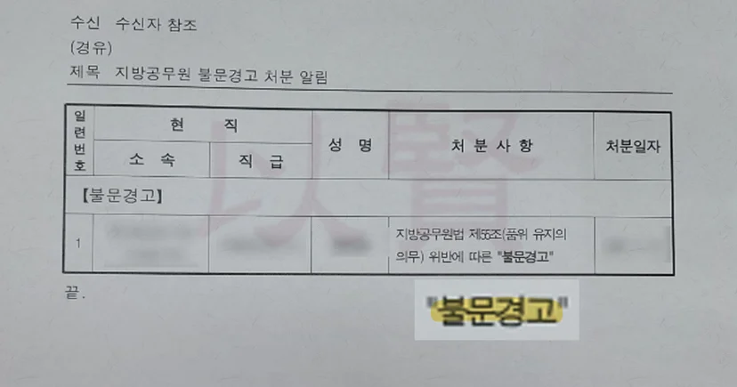 공무원 불문경고 처분 알림