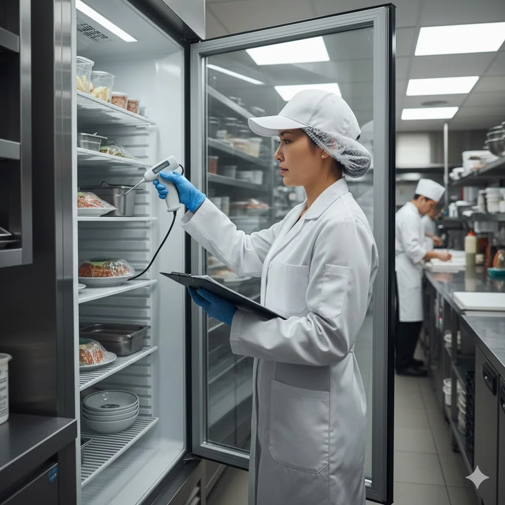 흰색 위생복과 파란색 장갑을 착용한 식품 위생 전문가가 전문 주방의 상업용 유리문 냉장고 내부 온도를 디지털 온도계로 측정하며 점검하는 모습.