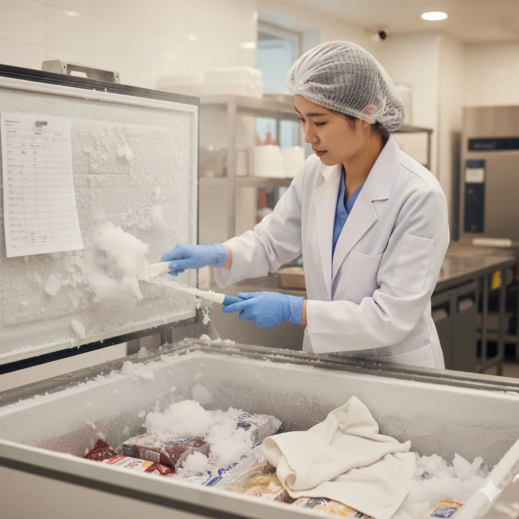 위생복과 헤어캡을 착용한 직원이 평대형 냉동고 뚜껑 안쪽과 내부에 두껍게 쌓인 성에를 전용 도구로 긁어내며 제빙 작업을 하는 모습.