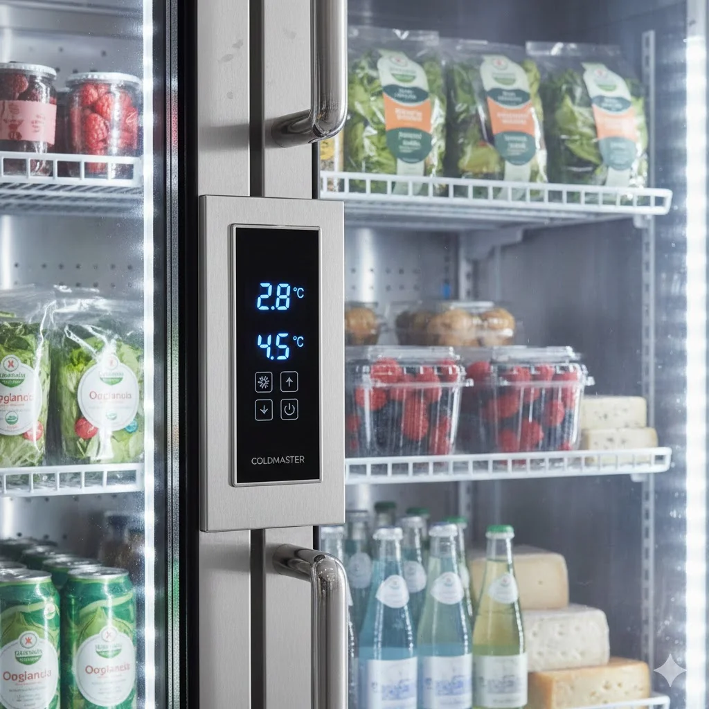 쇼케이스 냉장고의 디지털 온도 조절 패널 클로즈업