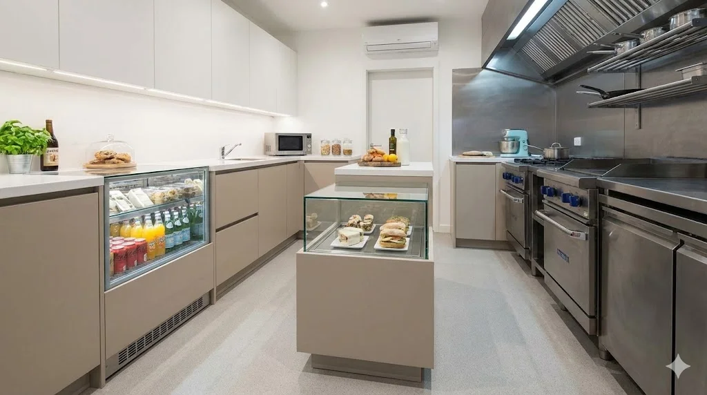 좁은 주방 인테리어를 효율적으로 활용하기 위해 하부장에 깔끔하게 매립된 빌트인 타입 냉장 쇼케이스와 조화를 이루는 주방 전경