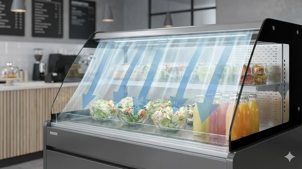 오픈형 냉장 쇼케이스 상단에서 보이지 않는 공기 막인 에어커튼이 형성되어 내부 냉기를 완벽하게 보존하는 기술적 원리를 보여주는 이미지