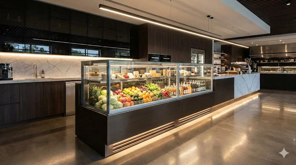 세련된 조명과 어우러진 모던한 주방 인테리어 공간 중앙에 배치된 고급스러운 유리 냉장 쇼케이스와 신선한 식재료가 진열된 모습