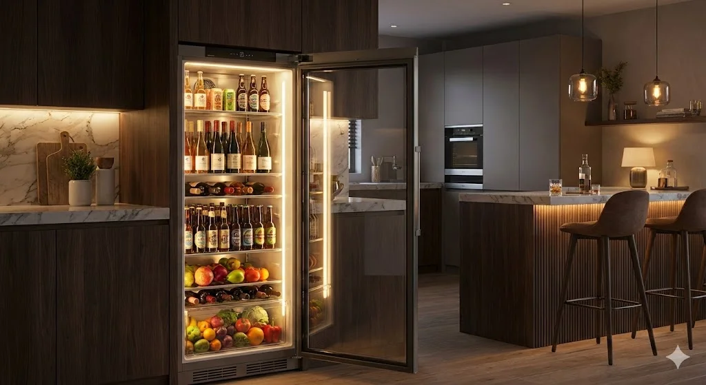 현대적인 주방에 빌트인으로 설치된 대형 냉장 쇼케이스의 모습입니다. 투명한 유리 도어 안으로 와인, 맥주, 다양한 음료, 신선한 과일과 채소가 따뜻한 내부 LED 조명을 받아 아름답게 진열되어 있습니다. 어두운 나무 캐비닛과 대리석 상판, 그리고 아일랜드 식탁의 조명과 어우러져 고급스러운 홈바(Home Bar) 분위기를 연출하며, 주방 인테리어의 핵심 오브제 역할을 하고 있습니다.