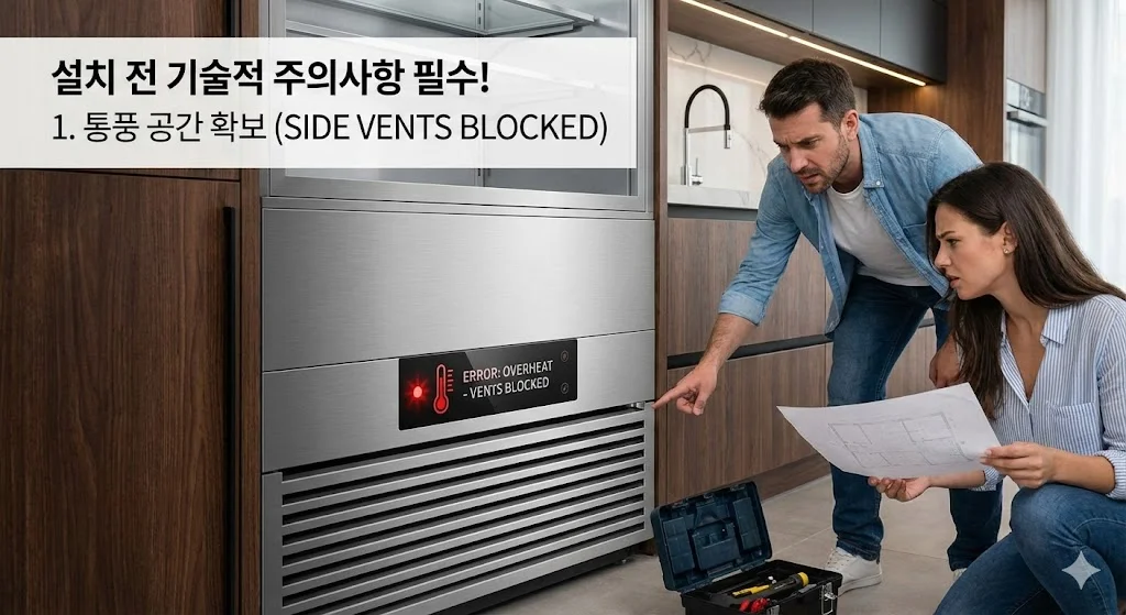 빌트인 냉장 쇼케이스 설치 현장에서 남녀가 곤란한 표정으로 냉장고 하단의 디스플레이를 바라보고 있습니다. 남자는 디스플레이를 손으로 가리키고 있으며, 디스플레이에는 빨간색 과열 경고 아이콘과 함께 'ERROR: OVERHEAT - VENTS BLOCKED'라는 문구가 표시되어 있습니다.