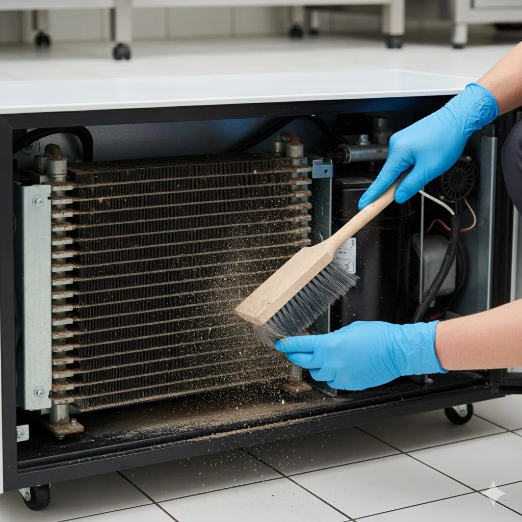 쇼케이스 수명 연장을 위해 기계실 먼지를 청소하는 모습