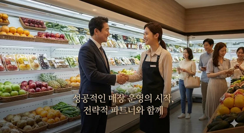 성공적인 대형마트 매장 운영을 상징하는 이미지로, 정장을 입은 남성 사장님과 유니폼을 입은 여성 매니저가 밝게 웃으며 악수를 나누고 있습니다. 배경에는 신선한 상품이 가득 찬 다단 오픈 쇼케이스와 쇼핑하는 고객들의 모습이 보이며, 하단에는 '성공적인 매장 운영의 시작, 전략적 파트너와 함께'라는 문구가 삽입되어 있습니다.