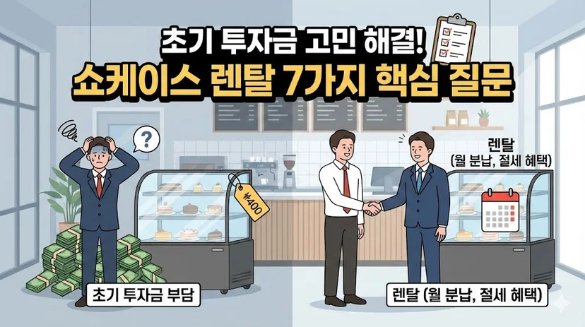쇼케이스 구매의 초기 부담과 렌탈의 이점을 비교한 '7가지 핵심 질문' 포스팅 오프닝 인포그래픽 이미지입니다.