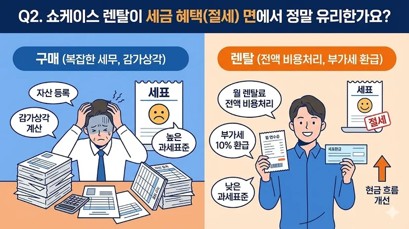 쇼케이스 구매 시 복잡한 세무와 렌탈 시 전액 비용처리 및 부가세 환급 혜택을 비교한 'Q2. 세금 혜택(절세) 효과' 인포그래픽 이미지입니다.